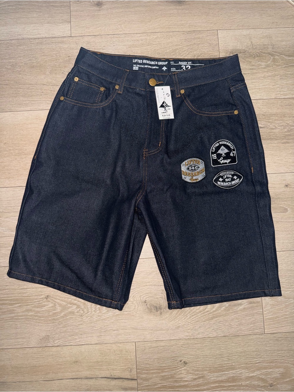 Baggy Fit Vintage Style LRG Lifted Research Group Patch Embroidered Denim Shorts